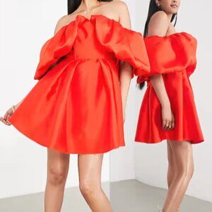 ASOS EDITION volume sleeve mini dress with full skirt in red
